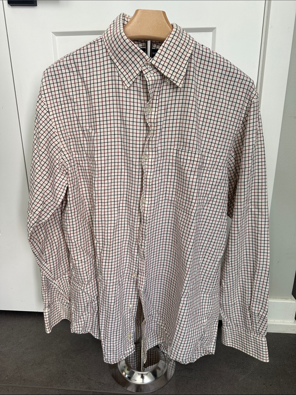 Lands' End Men's White Dress Shirt with Red & Navy Check